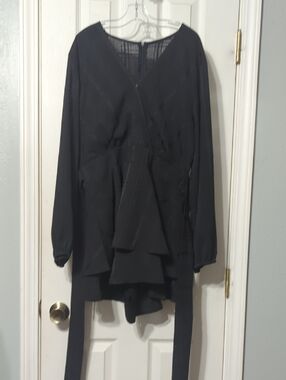Black V-Neck Romper with Layered Peplum